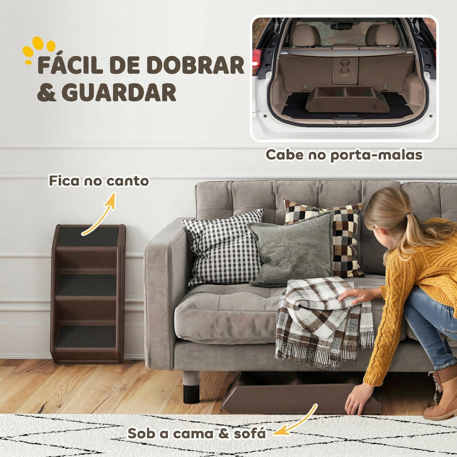Escada dobrável para cães de 3 degraus para animais de estimação idosos para cama sofá 53x30,5x36,5 cm castanho