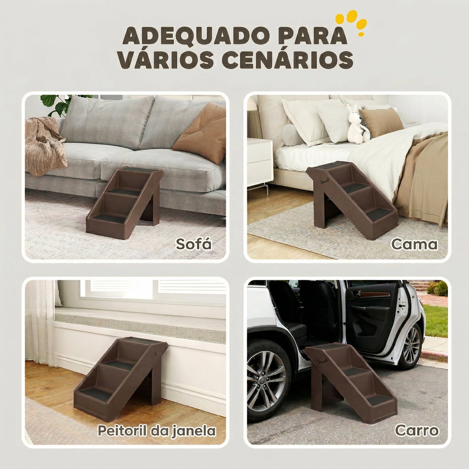 Escada dobrável para cães de 3 degraus para animais de estimação idosos para cama sofá 53x30,5x36,5 cm castanho