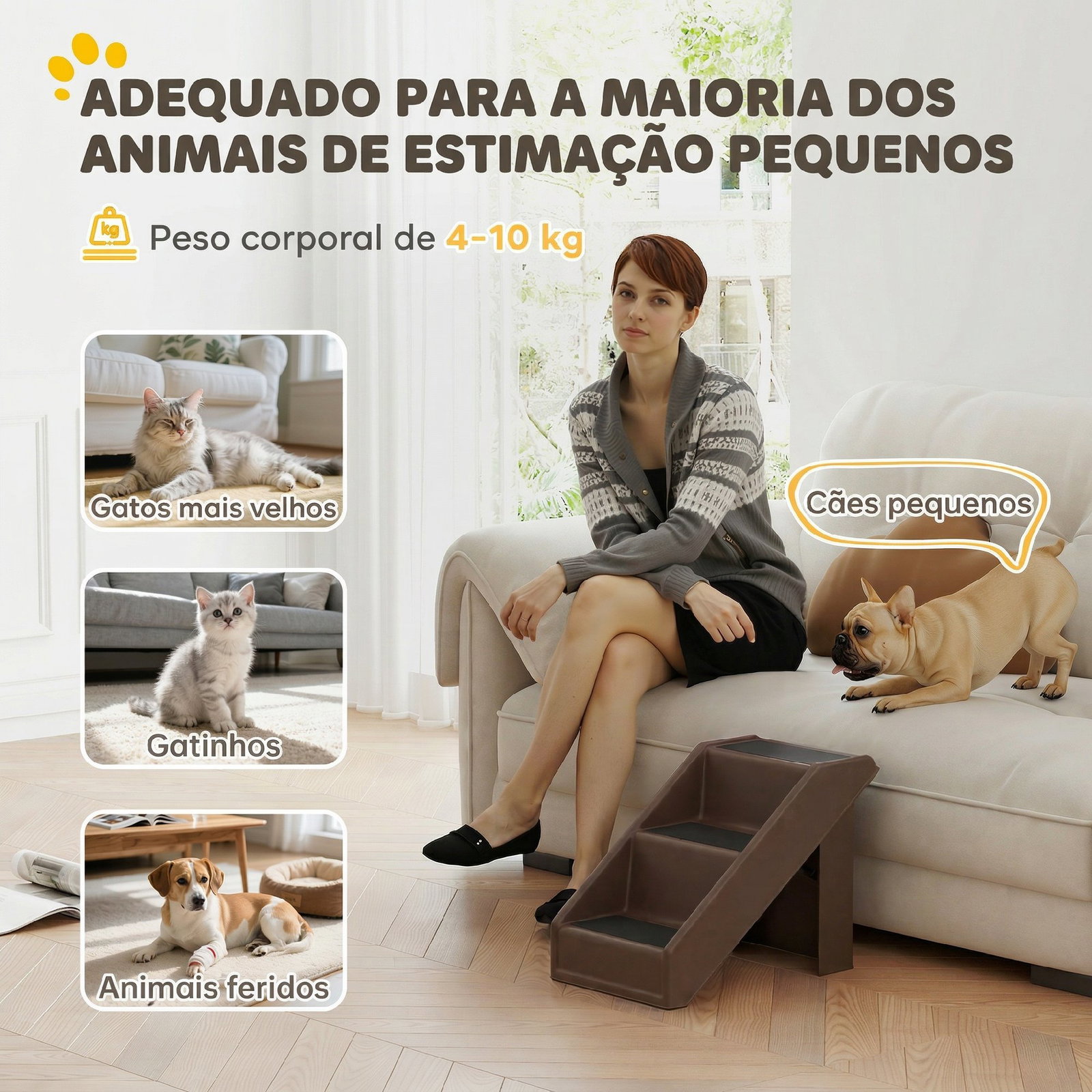Escada dobrável para cães de 3 degraus para animais de estimação idosos para cama sofá 53x30,5x36,5 cm castanho