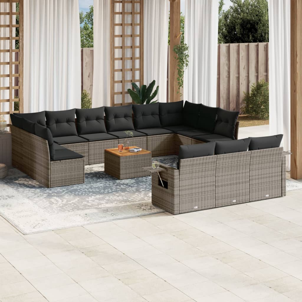 14 Pcs conjunto sofás p/ jardim c/ almofadões vime PE cinzento