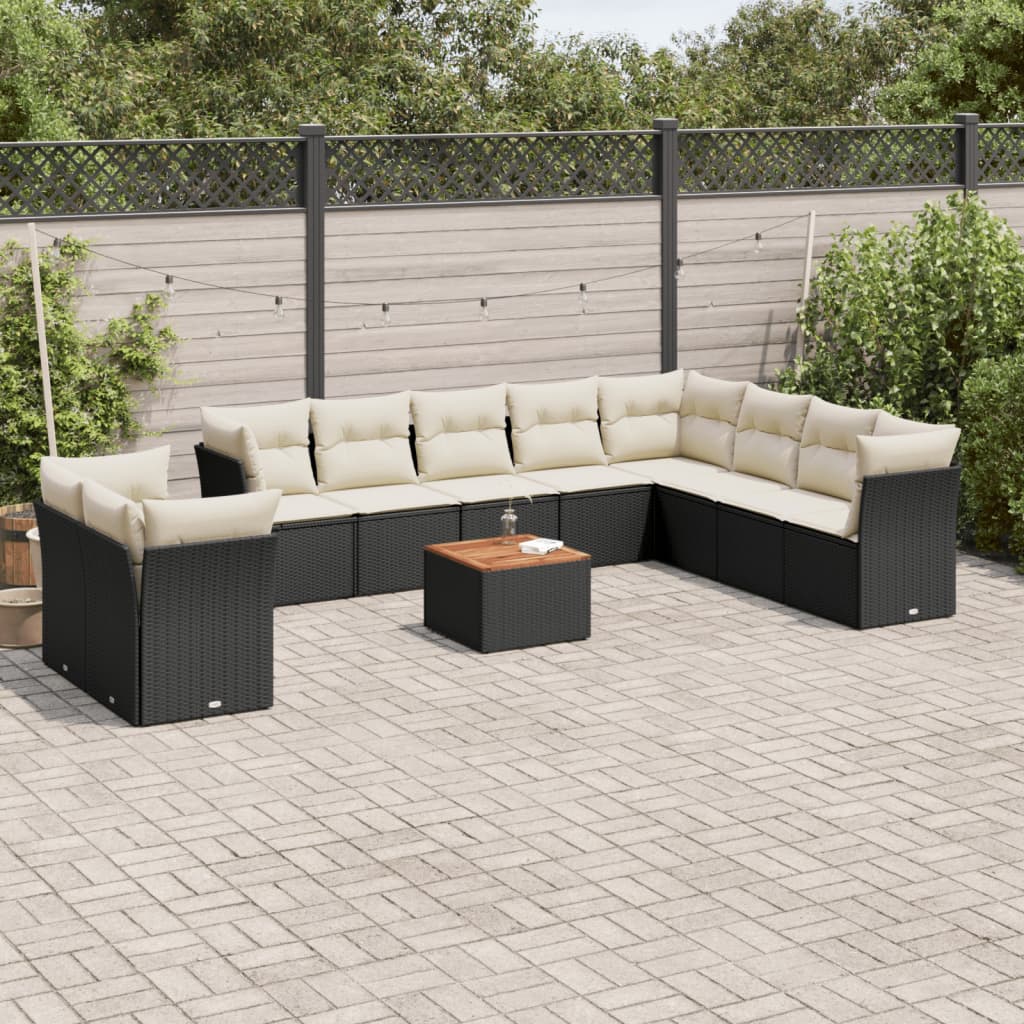 11 Pcs conjunto sofás de jardim c/ almofadões vime PE preto