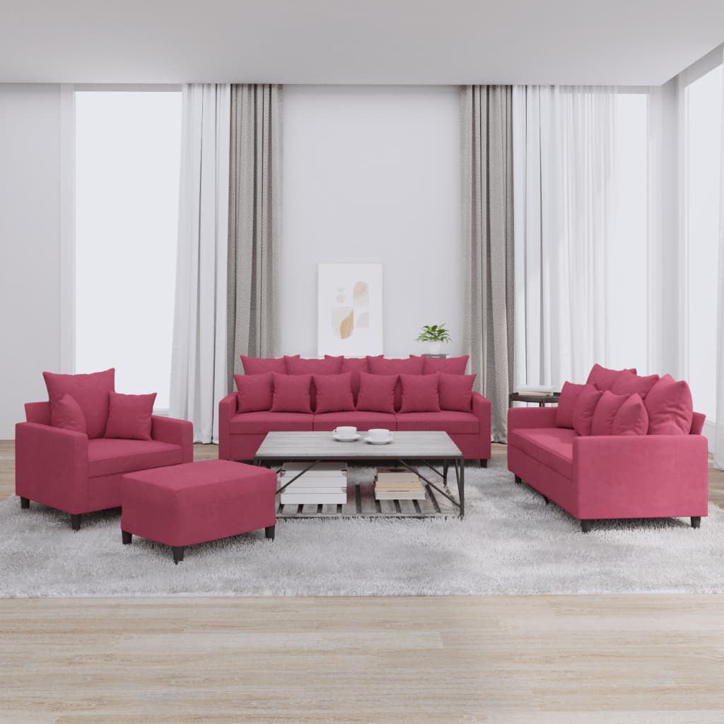 4 Pcs conjunto de sofás com almofadões veludo vermelho tinto