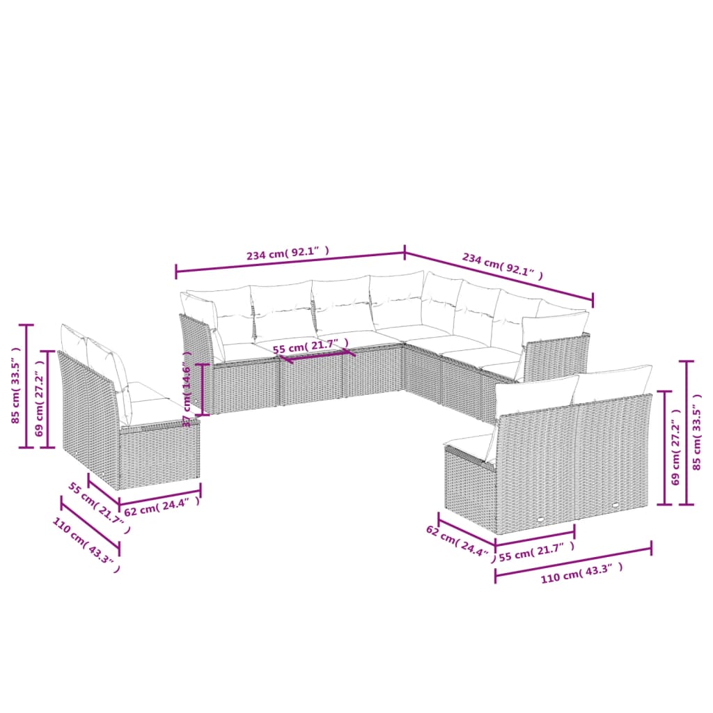 11 Pcs conjunto sofás de jardim c/ almofadões vime PE cinzento