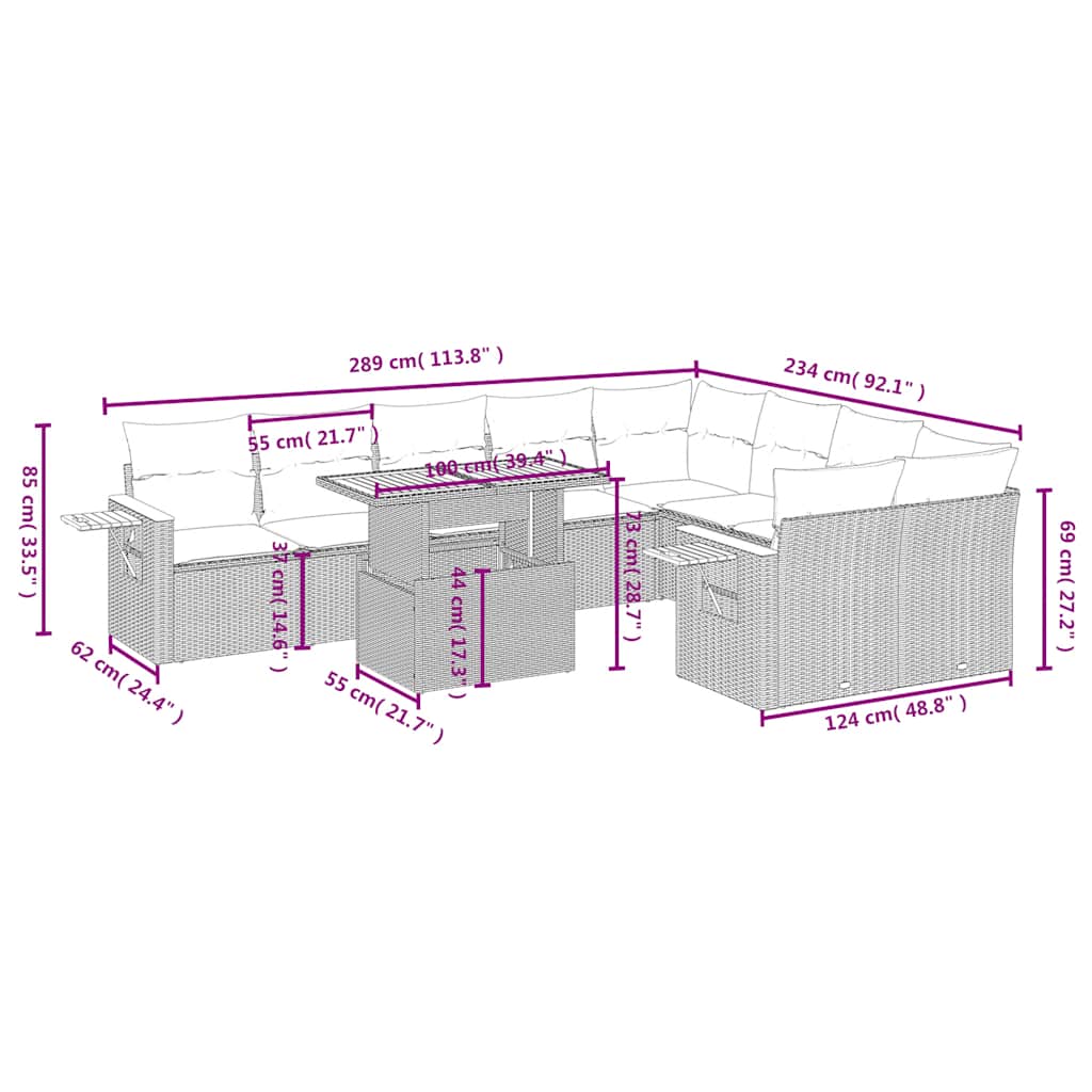 10 Pcs conjunto sofás de jardim c/ almofadões vime PE preto