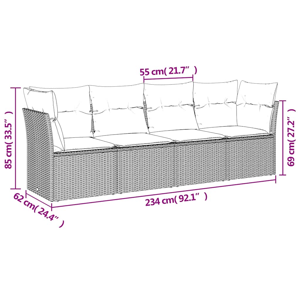 4 Pcs conjunto de sofás para jardim c/ almofadões vime PE preto