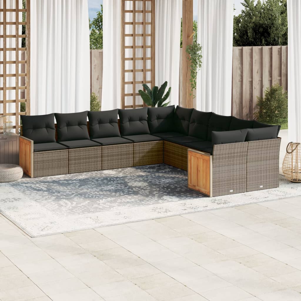 10 Pcs conjunto sofás de jardim c/ almofadões vime PE cinzento