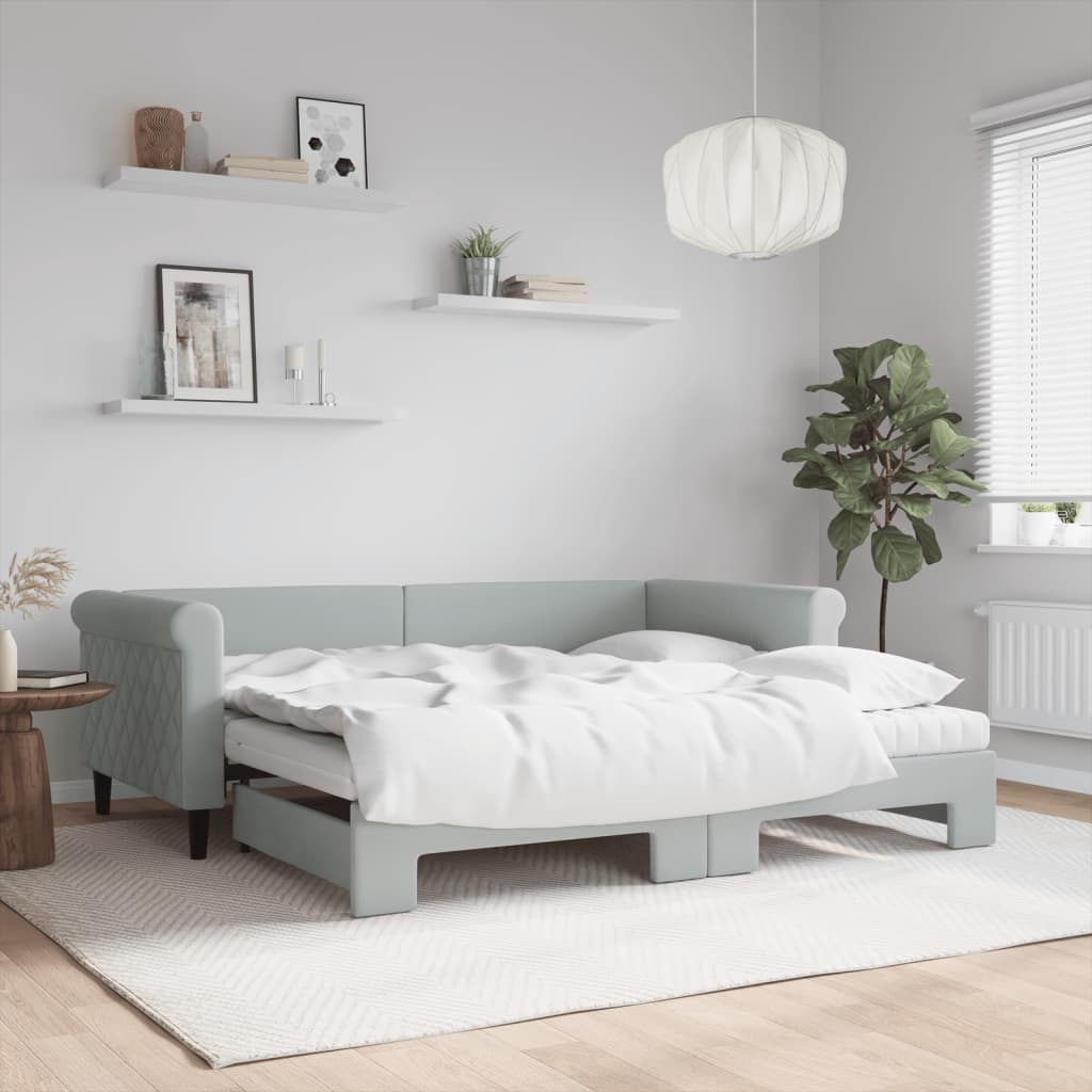 Sofá-cama c/ gavetão e colchões 90x190 cm veludo cinzento-claro