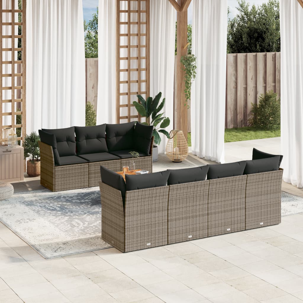 8 Pcs conjunto sofás de jardim c/ almofadões vime PE cinzento