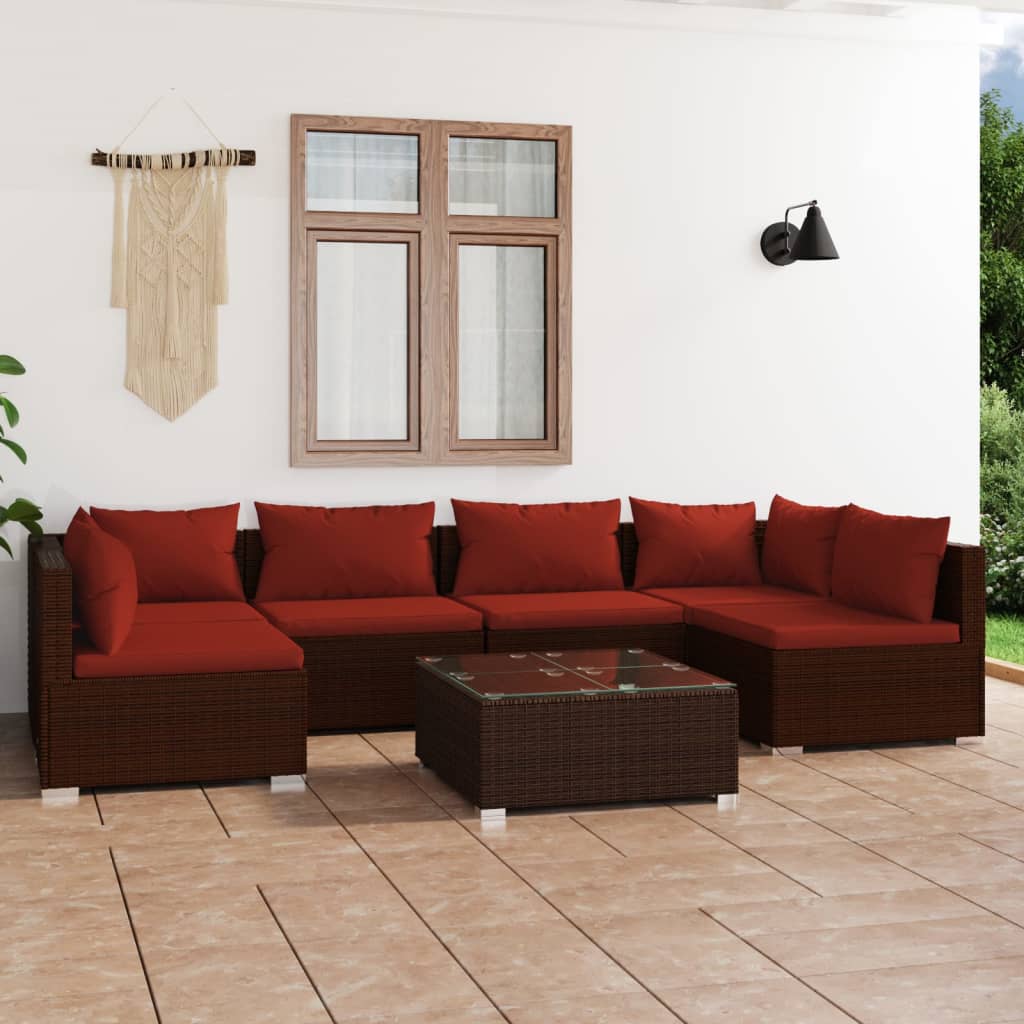 7 Pcs conjunto lounge jardim c/ almofadões vime PE castanho