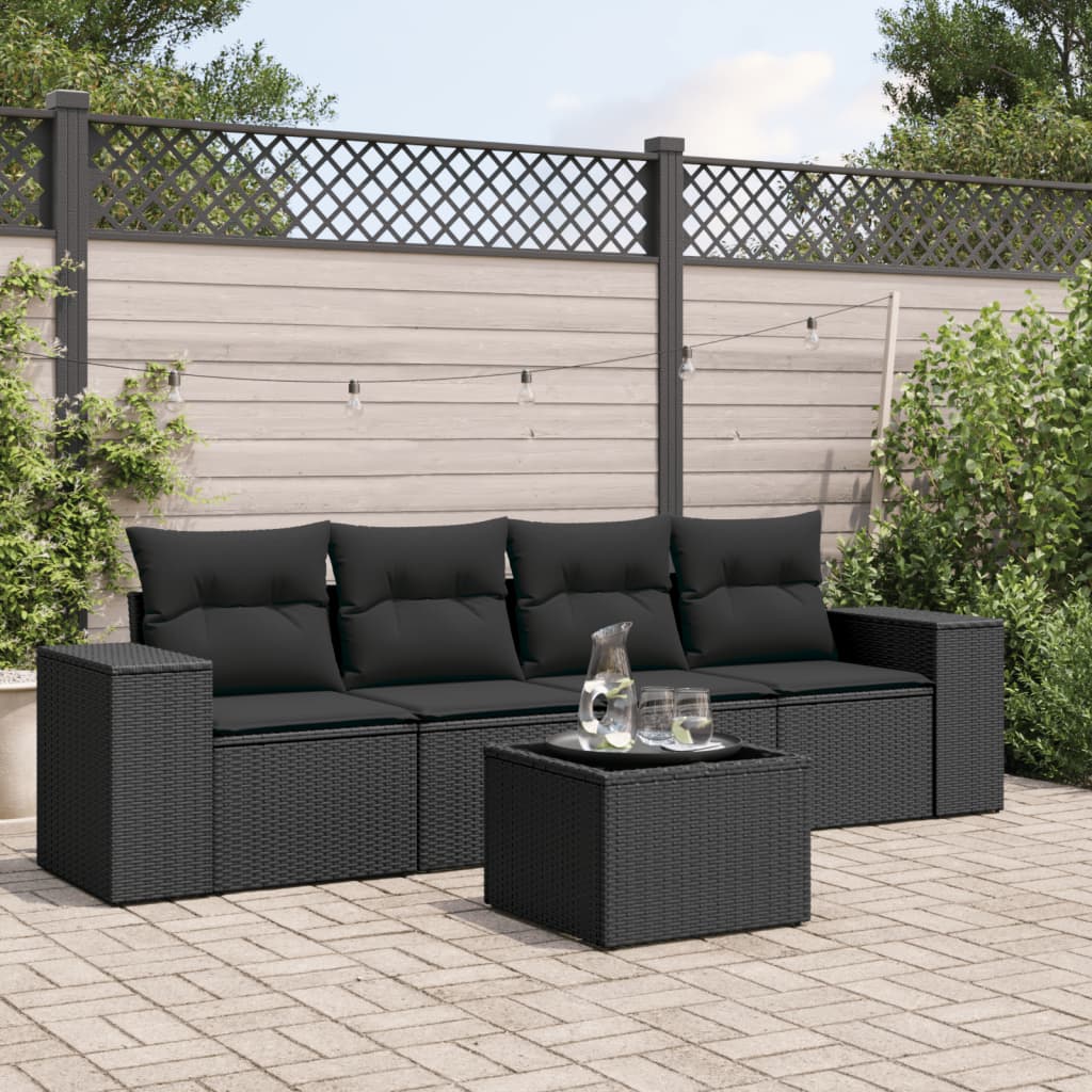 5 Pcs conjunto sofás de jardim com almofadões vime PE preto
