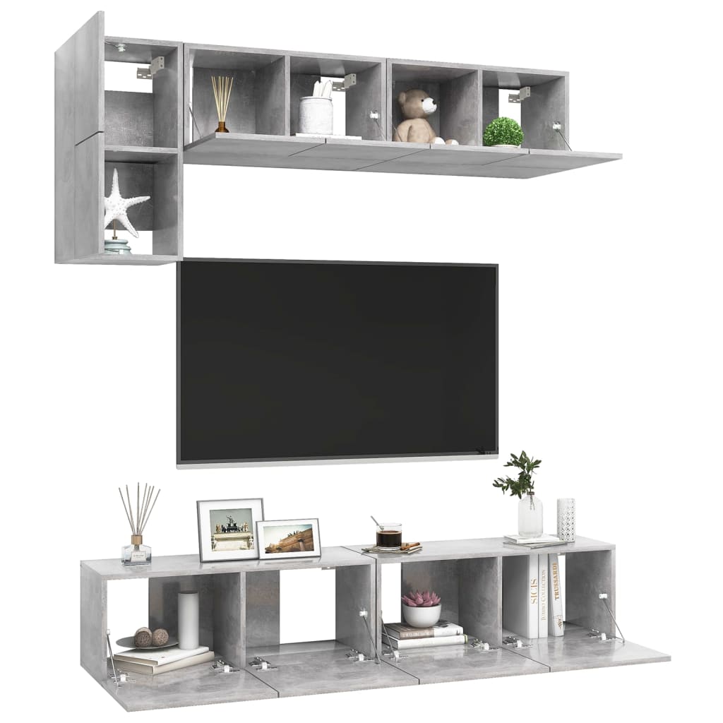 5 Pcs conjunto de móveis de TV derivados madeira cinza cimento