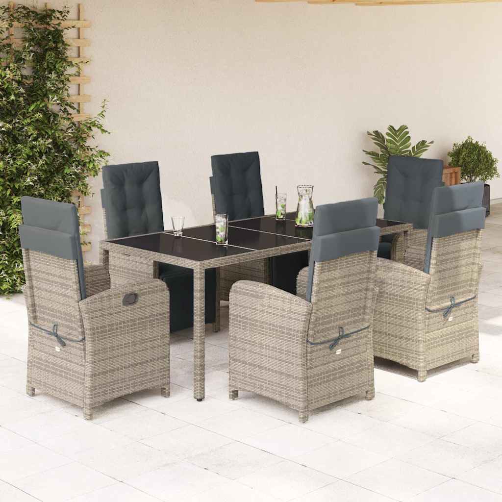 7 Pcs conjunto de jantar p/ jardim c/ almofadões vime PE cinza