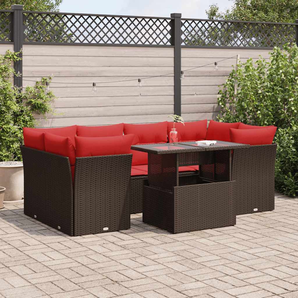 7 Pcs conj. sofás jardim c/ almofadões vime PE/acácia castanho