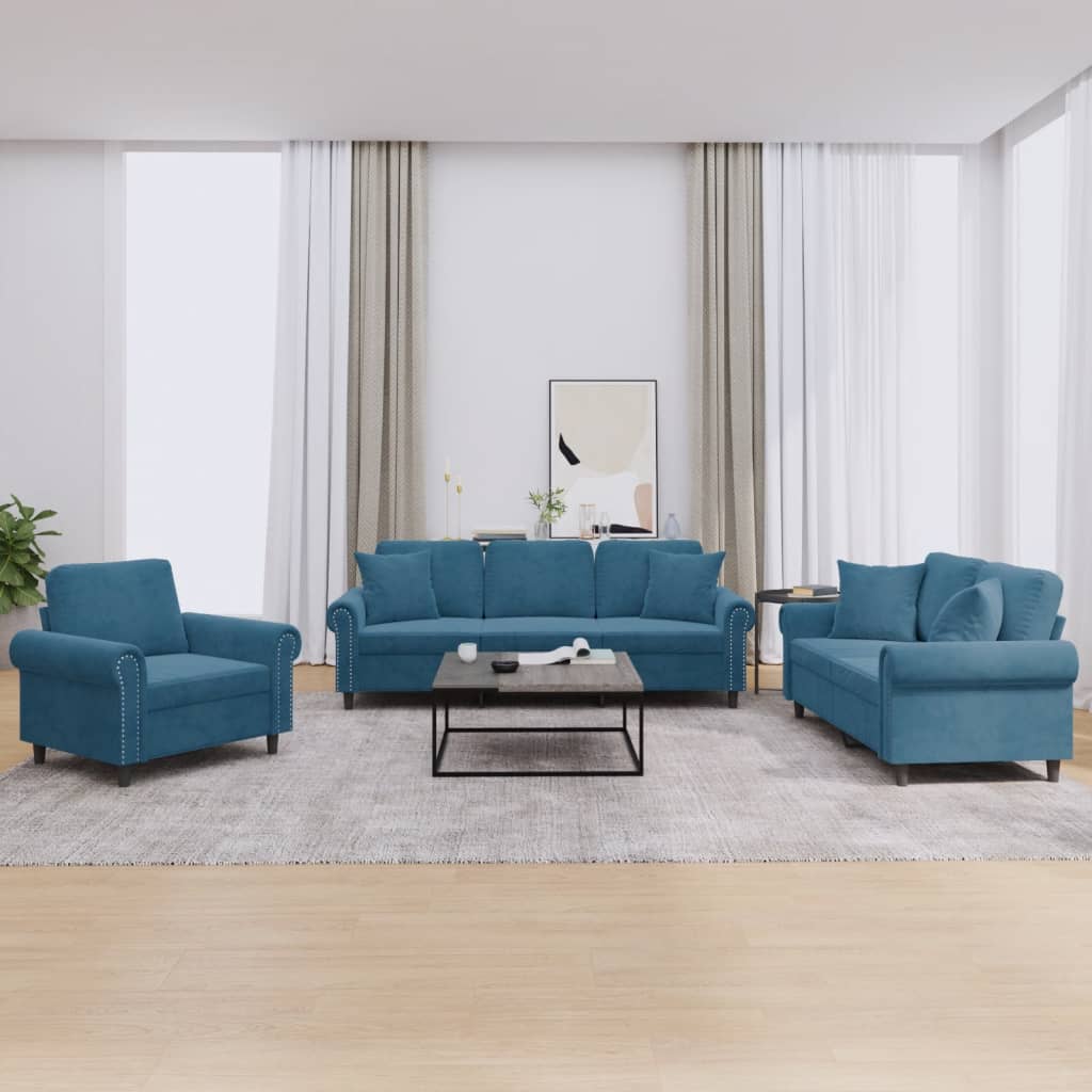 3 Pcs conjunto de sofás com almofadas veludo azul