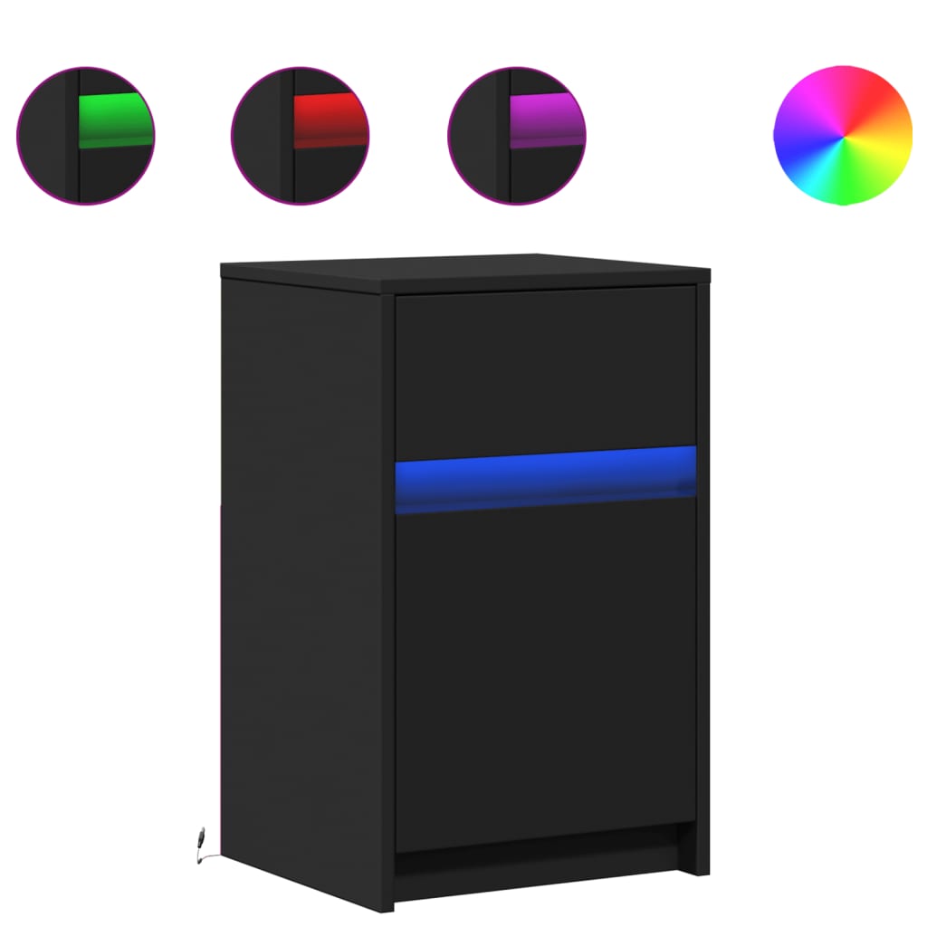 Mesa de cabeceira com luzes LED derivados de madeira preto