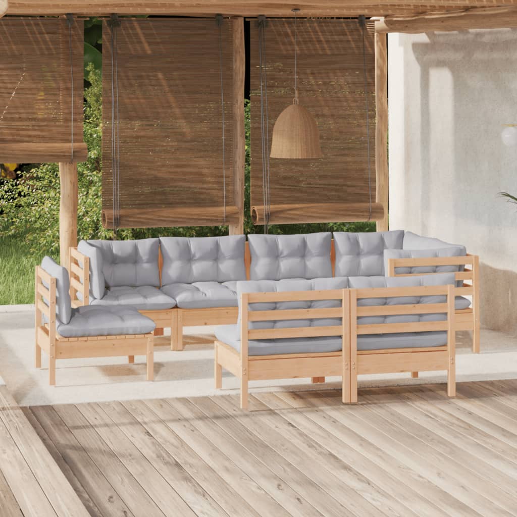 8 Pcs conjunto lounge de jardim + almofadões cinza pinho maciço
