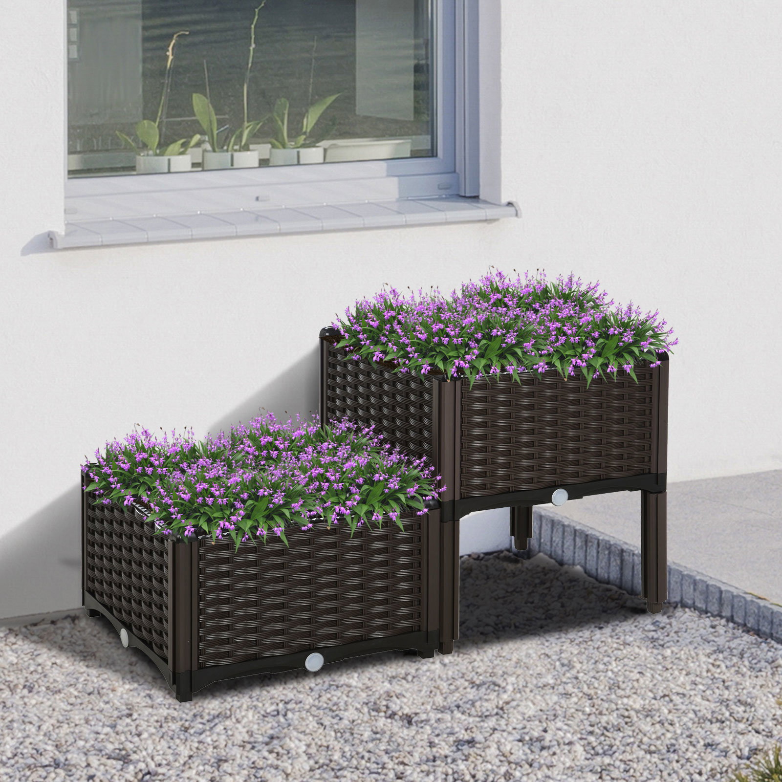 Conjunto de 2 Floreiras Quadradas Floreiras para Flores e Vegetais com Orifícios de Drenagem e Pés Altos 40x40x26-44cm Marrom