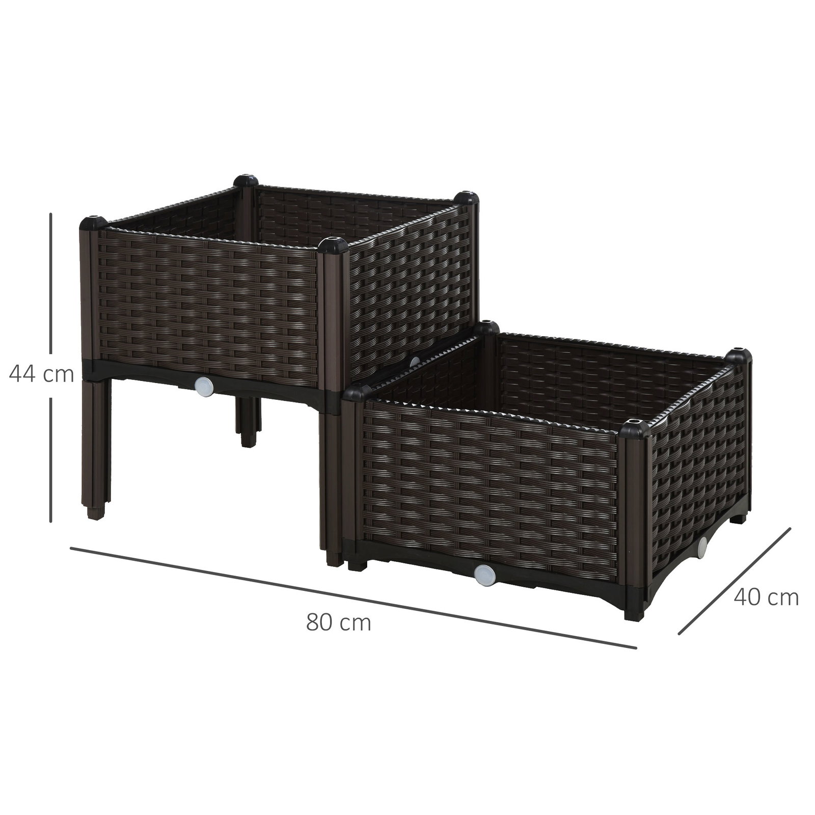 Conjunto de 2 Floreiras Quadradas Floreiras para Flores e Vegetais com Orifícios de Drenagem e Pés Altos 40x40x26-44cm Marrom
