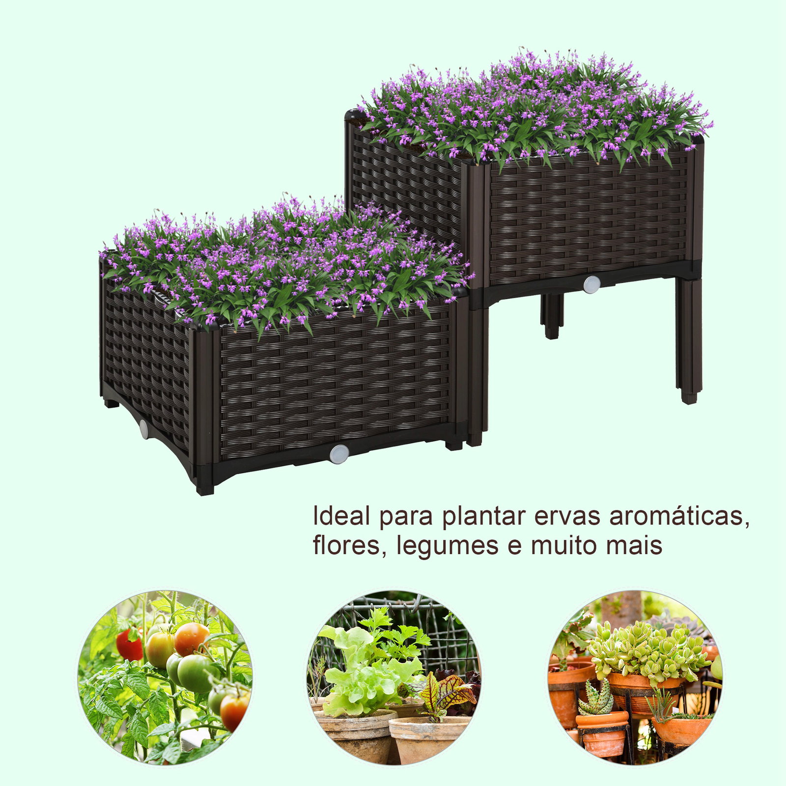 Conjunto de 2 Floreiras Quadradas Floreiras para Flores e Vegetais com Orifícios de Drenagem e Pés Altos 40x40x26-44cm Marrom