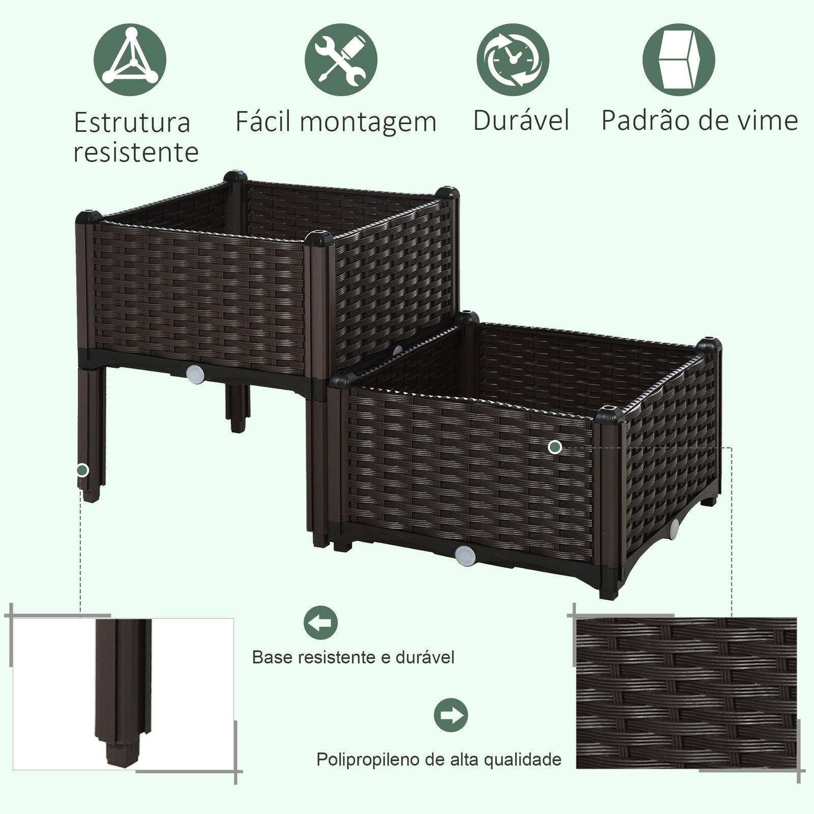 Conjunto de 2 Floreiras Quadradas Floreiras para Flores e Vegetais com Orifícios de Drenagem e Pés Altos 40x40x26-44cm Marrom