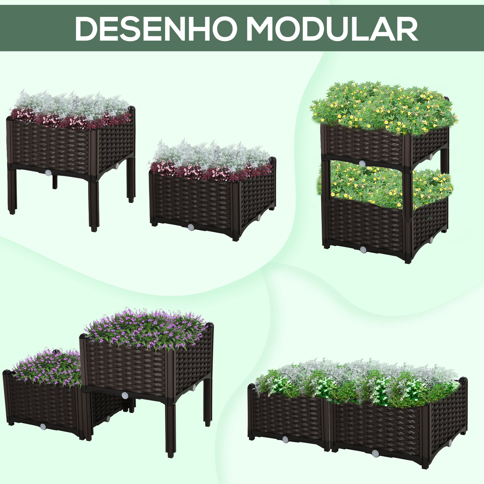Conjunto de 2 Floreiras Quadradas Floreiras para Flores e Vegetais com Orifícios de Drenagem e Pés Altos 40x40x26-44cm Marrom