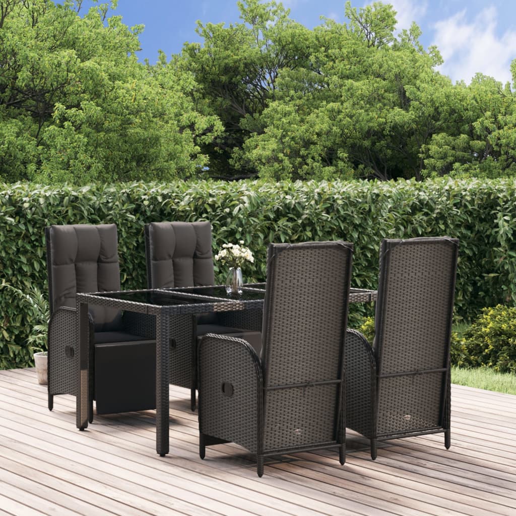 5 Pcs conjunto de jantar p/ jardim c/ almofadões vime PE preto