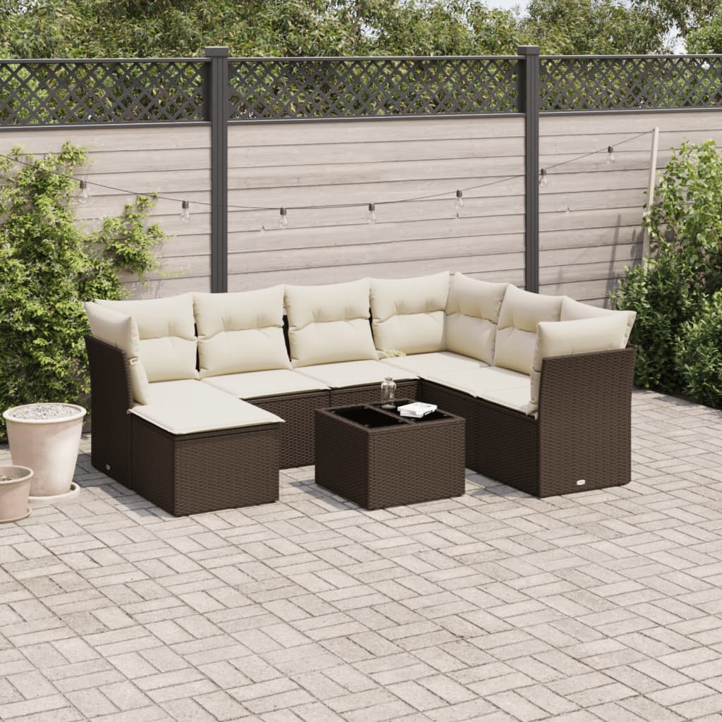 8 Pcs conjunto sofás de jardim c/ almofadões vime PE castanho