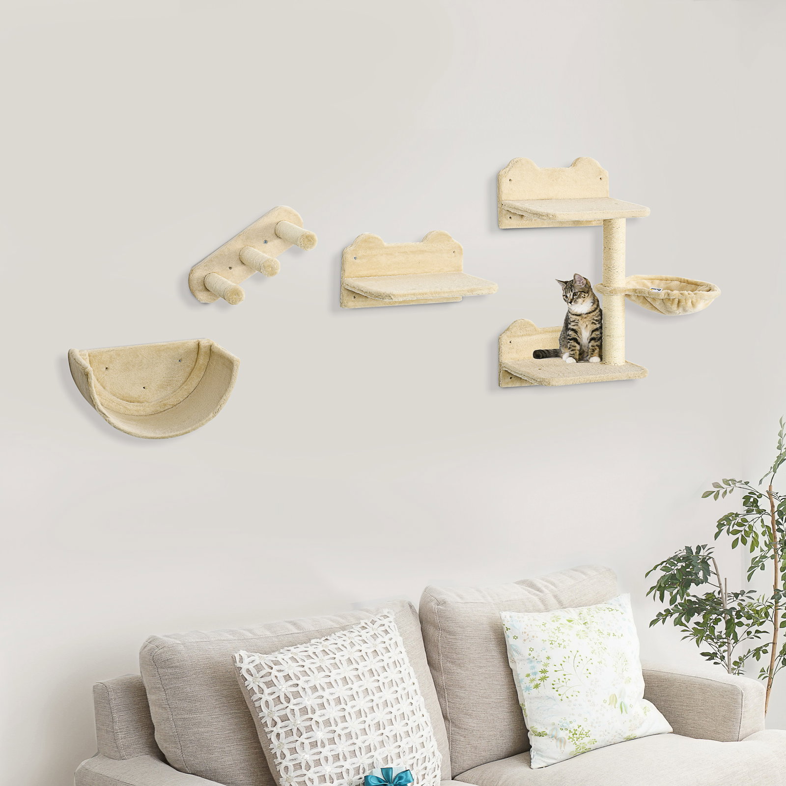 Prateleiras de parede para gatos 4 peças com rede plataforma semicircular plataformas de salto e poste de sisal bege