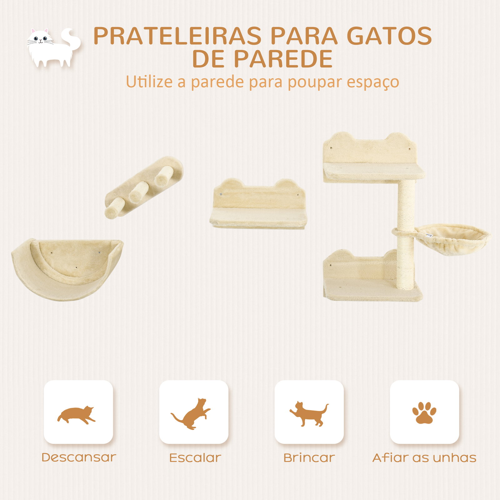 Prateleiras de parede para gatos 4 peças com rede plataforma semicircular plataformas de salto e poste de sisal bege