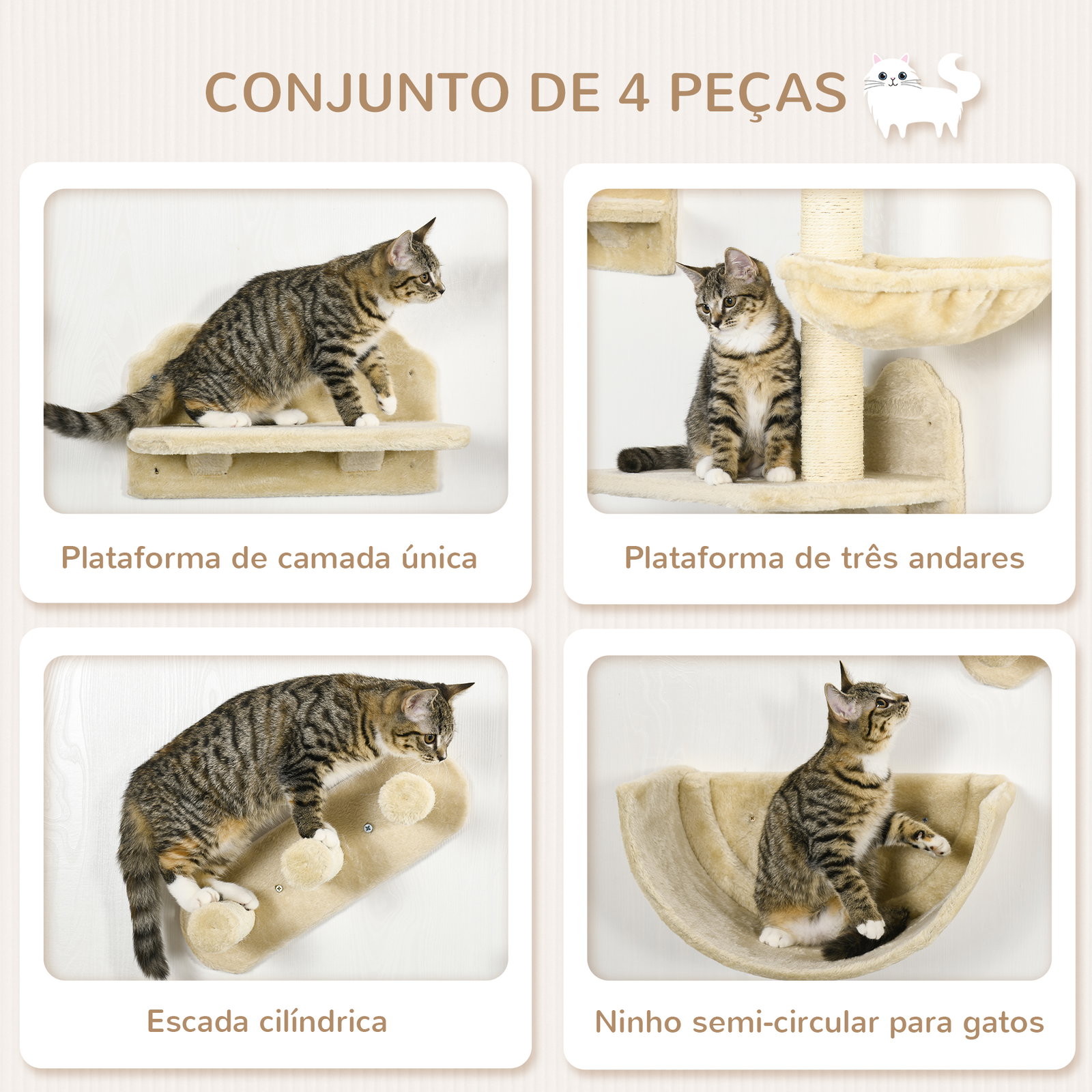 Prateleiras de parede para gatos 4 peças com rede plataforma semicircular plataformas de salto e poste de sisal bege