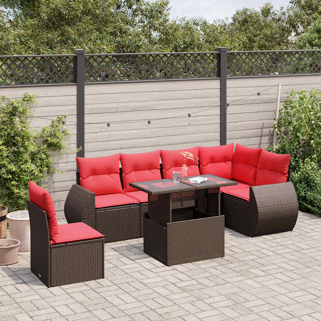 Conjunto de sofá de jardim com 7 peças e almofadas em rattan sintético marrom