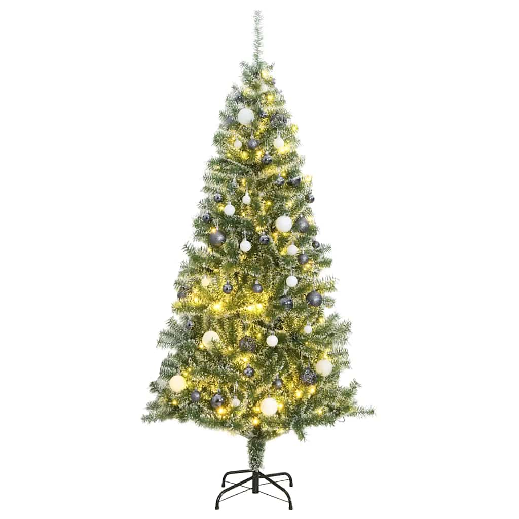 Árvore natal artificial c/ 300 luzes LED, bolas e neve 240 cm