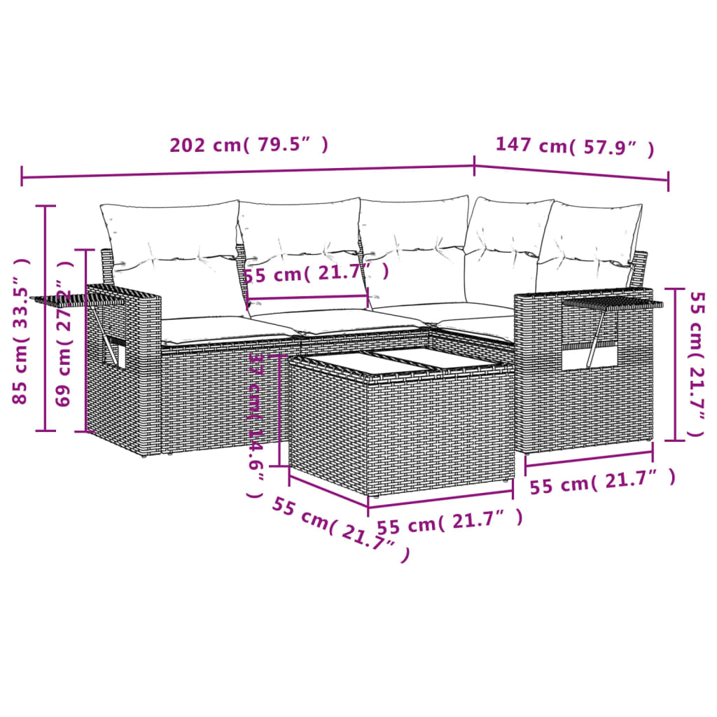 5 Pcs conjunto sofás de jardim c/ almofadões vime PE cinzento
