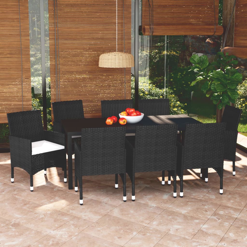9 Pcs conjunto de jantar p/ jardim c/ almofadões vime PE preto