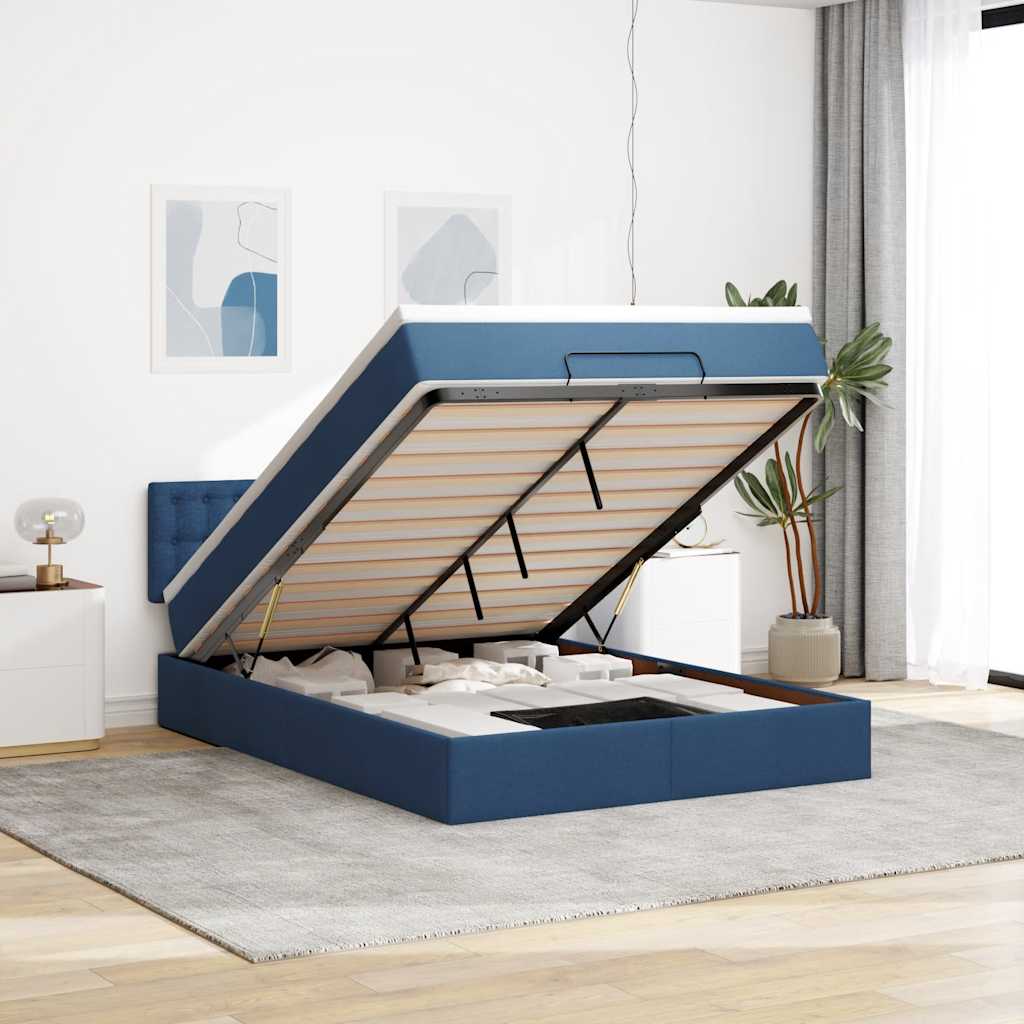 Estrutura de cama otomana com colchão tecido azul 140x200cm