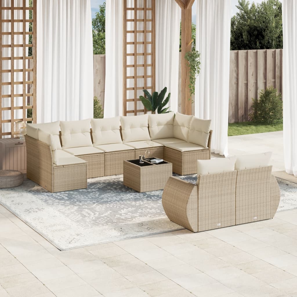 10 Pcs conjunto de sofás p/ jardim com almofadões vime PE bege