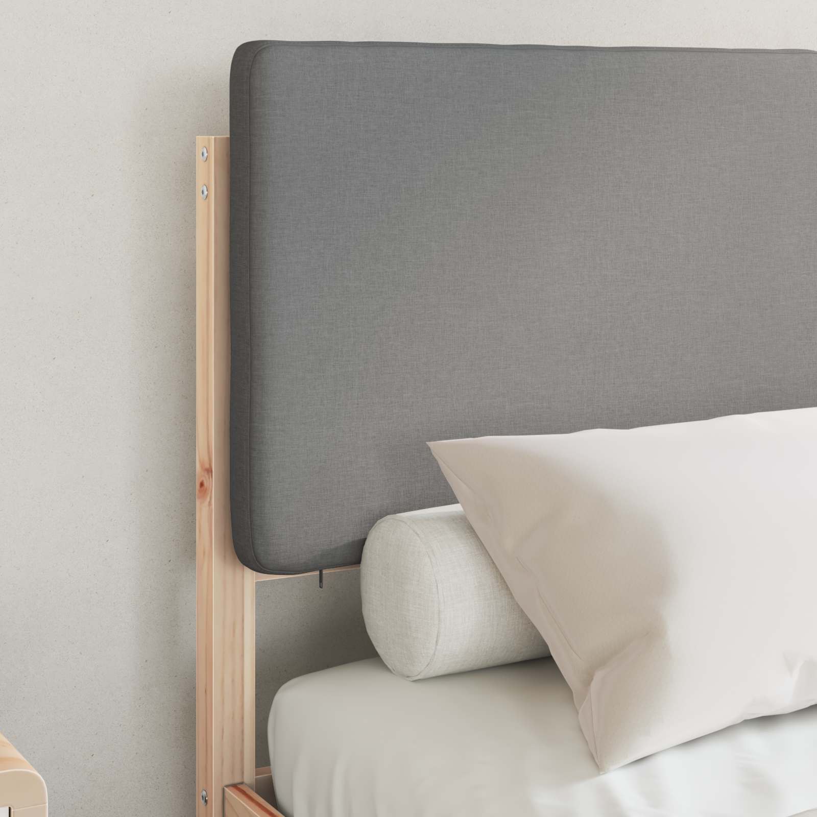 Estrutura de cama com cabeceira estofada cinzento-claro