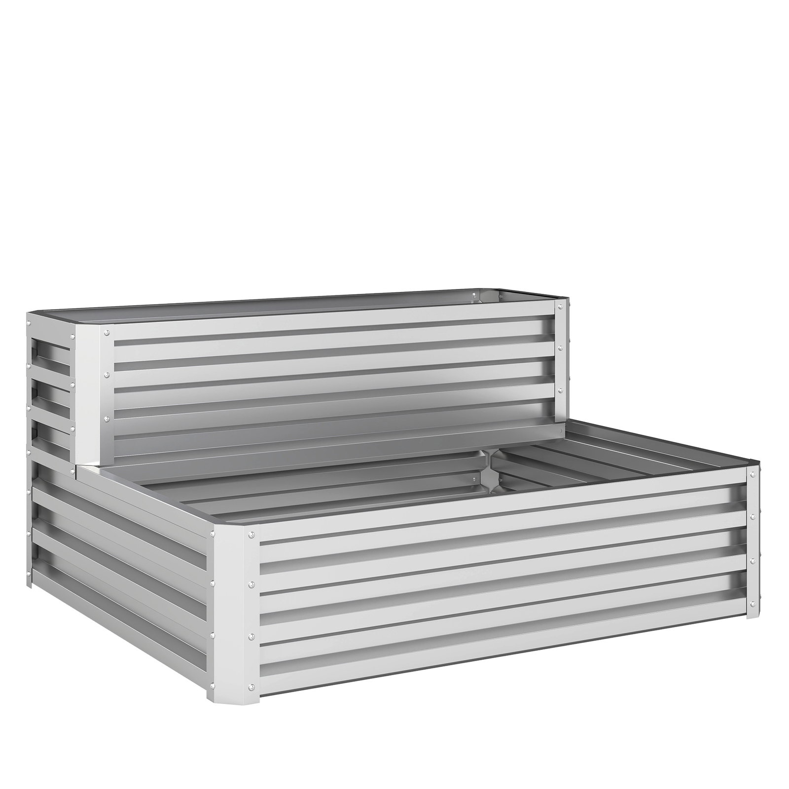 Caixa de cultivo de 2 níveis em aço galvanizado com design em escada e fundo aberto 120x101x58 cm prata