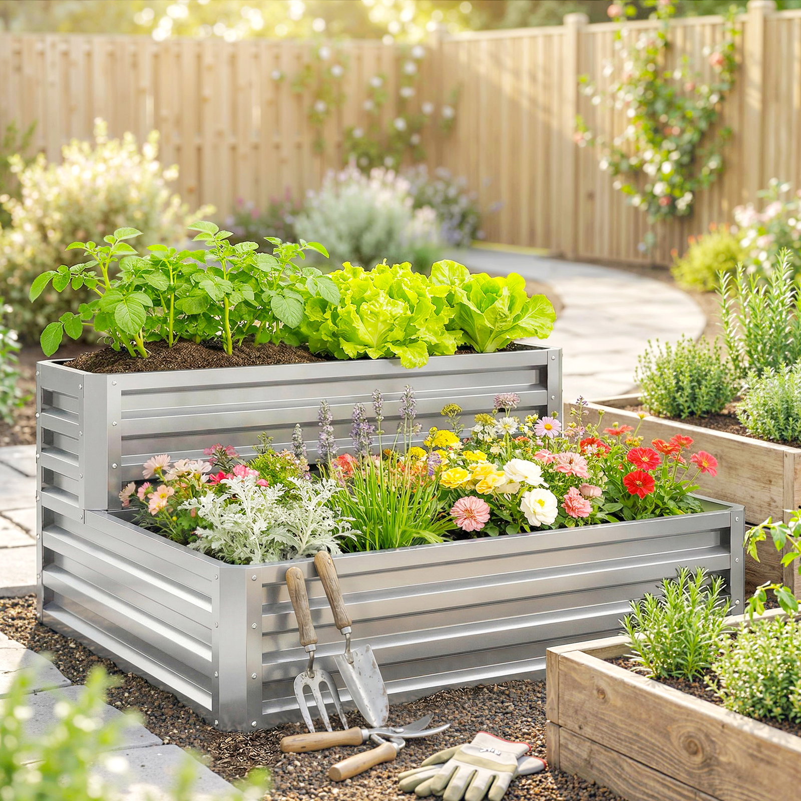 Caixa de cultivo de 2 níveis em aço galvanizado com design em escada e fundo aberto 120x101x58 cm prata
