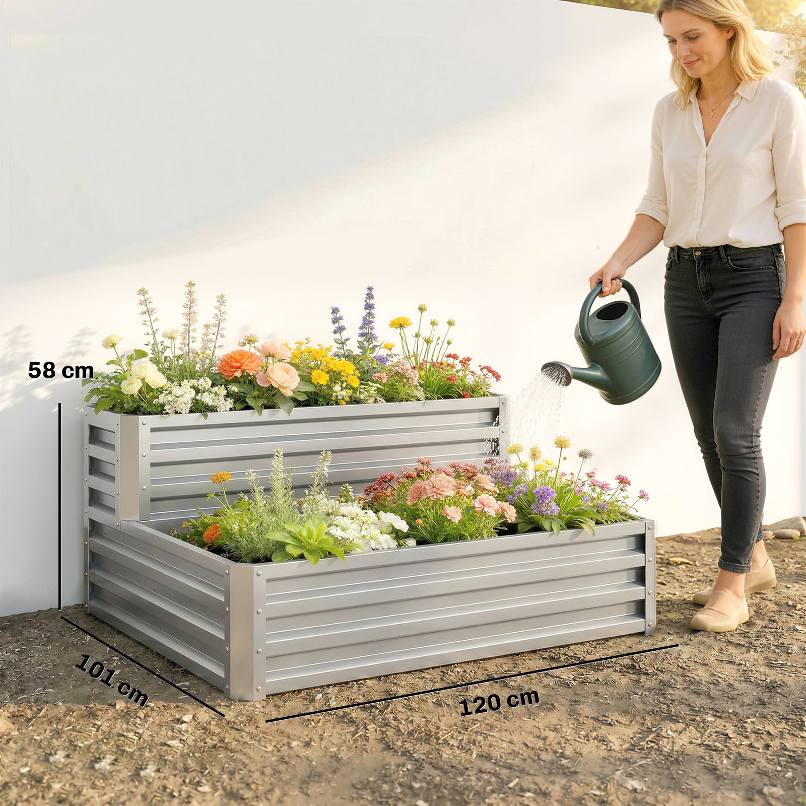 Caixa de cultivo de 2 níveis em aço galvanizado com design em escada e fundo aberto 120x101x58 cm prata