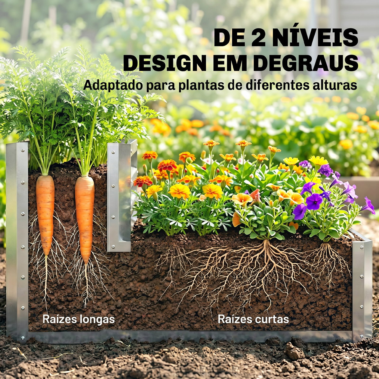 Caixa de cultivo de 2 níveis em aço galvanizado com design em escada e fundo aberto 120x101x58 cm prata