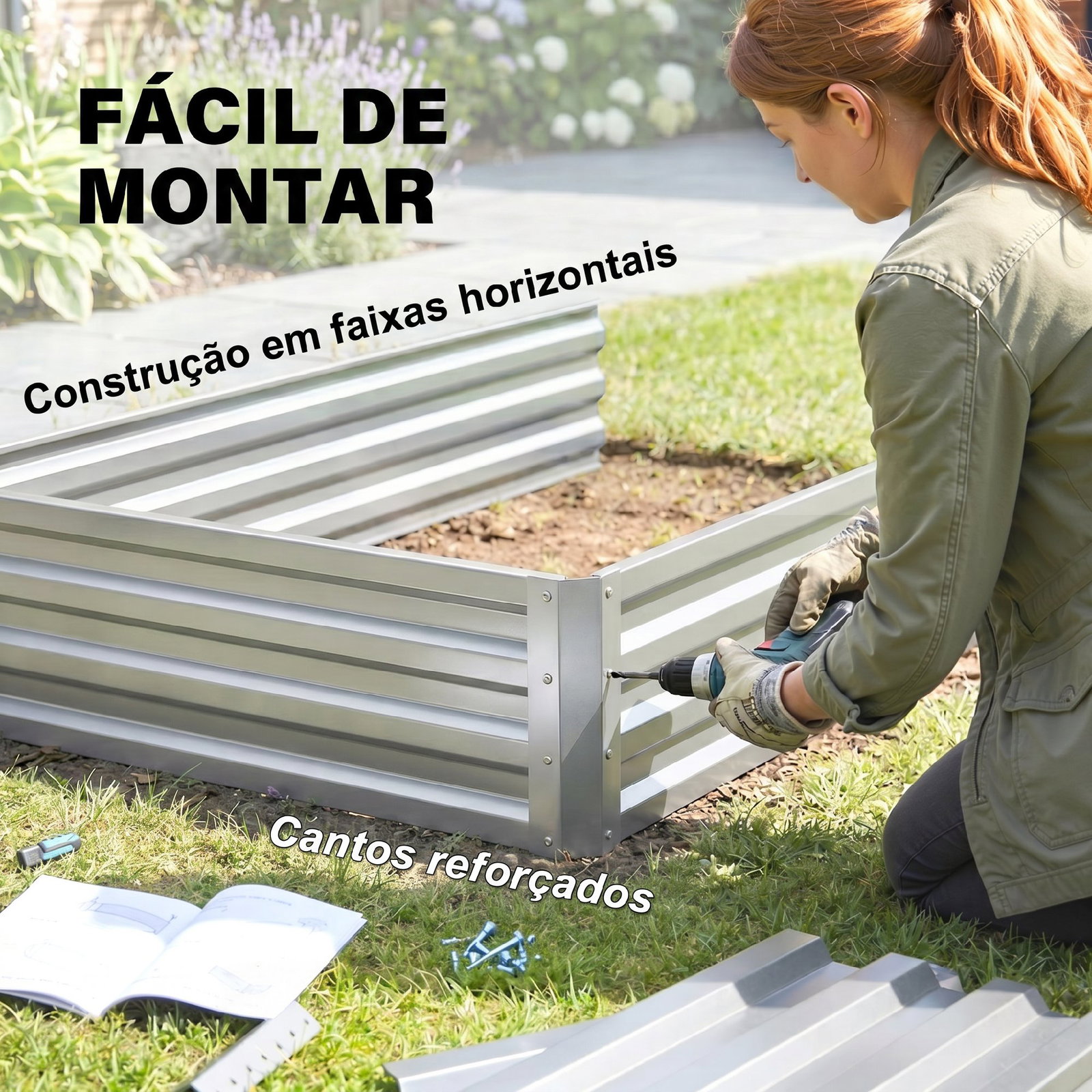 Caixa de cultivo de 2 níveis em aço galvanizado com design em escada e fundo aberto 120x101x58 cm prata