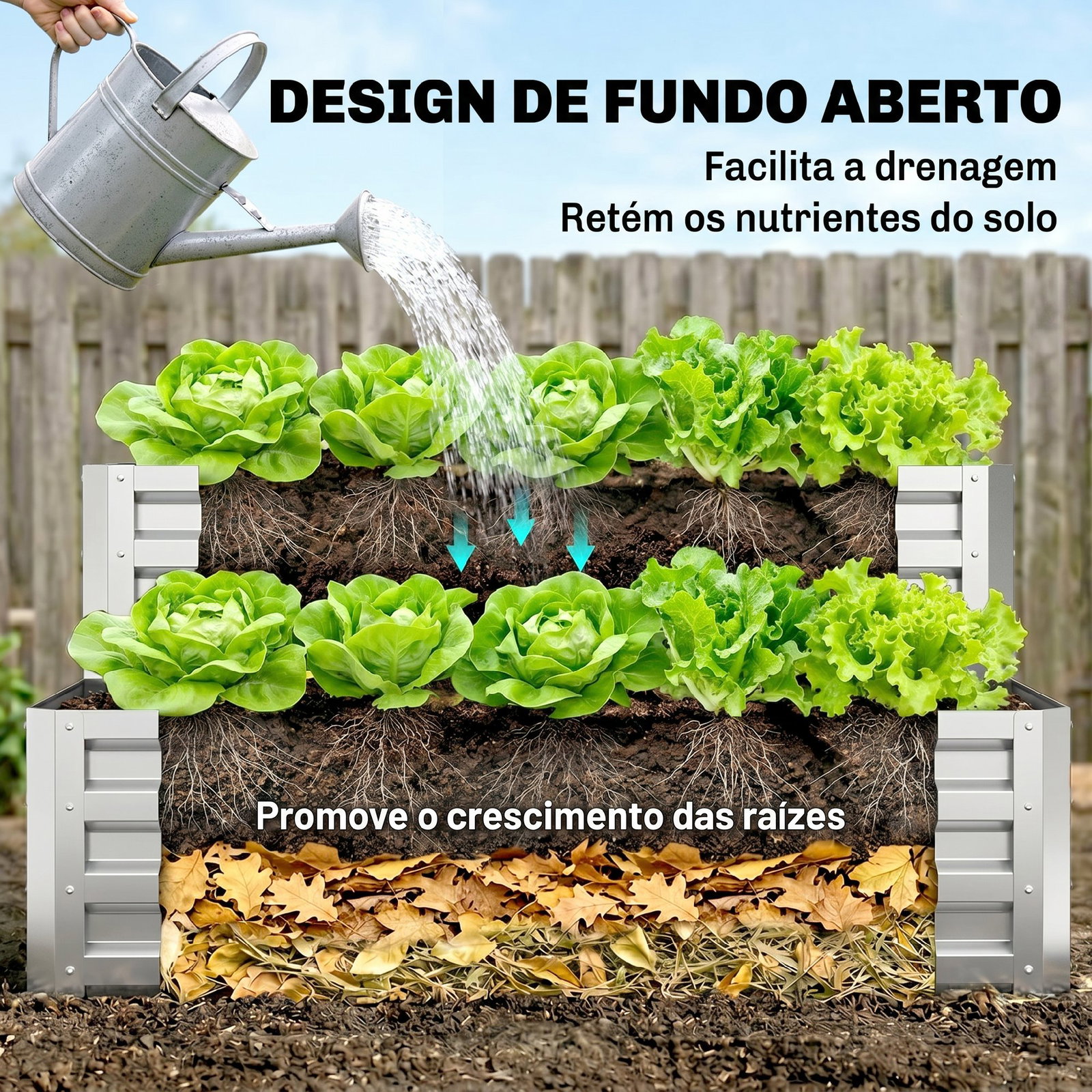 Caixa de cultivo de 2 níveis em aço galvanizado com design em escada e fundo aberto 120x101x58 cm prata