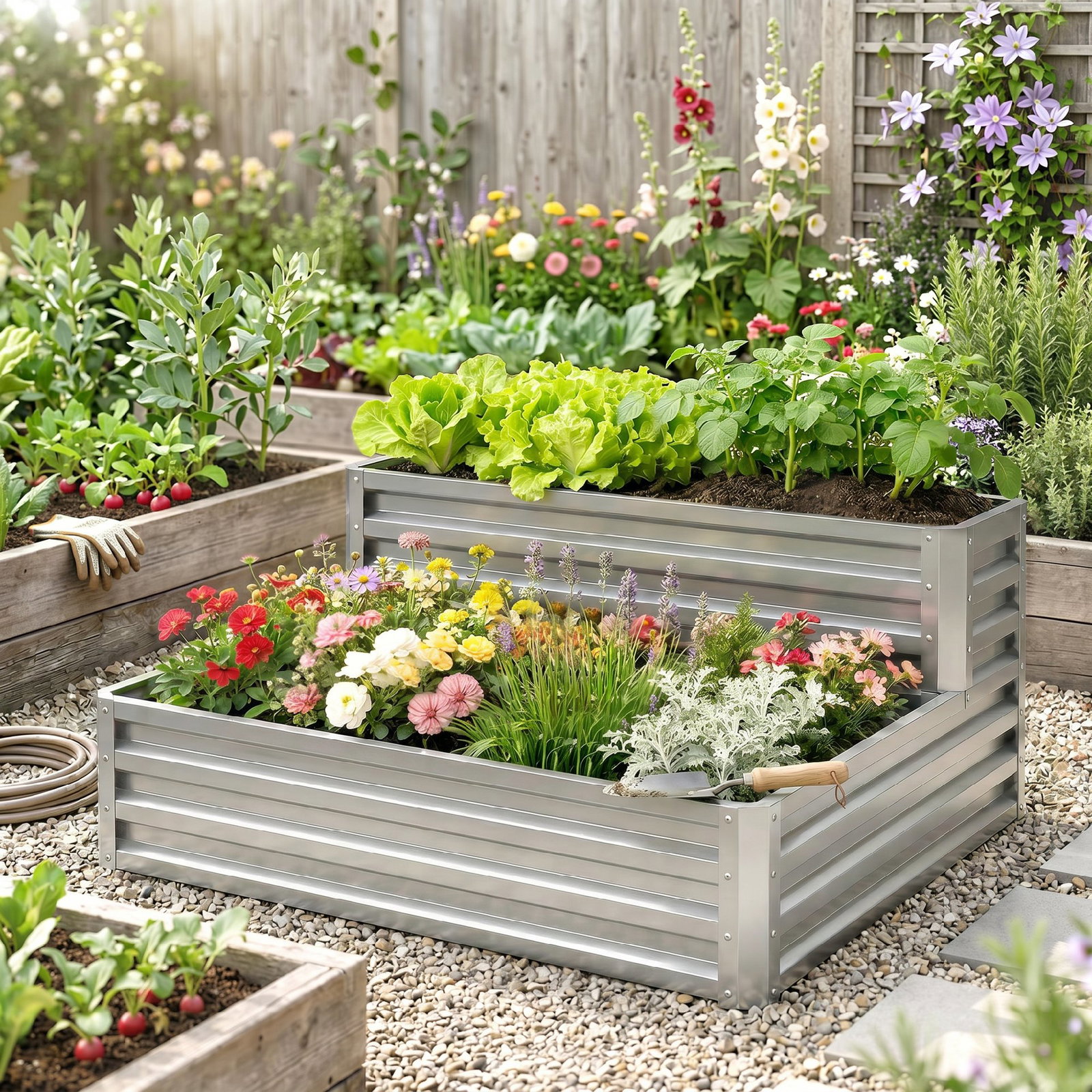 Caixa de cultivo de 2 níveis em aço galvanizado com design em escada e fundo aberto 120x101x58 cm prata