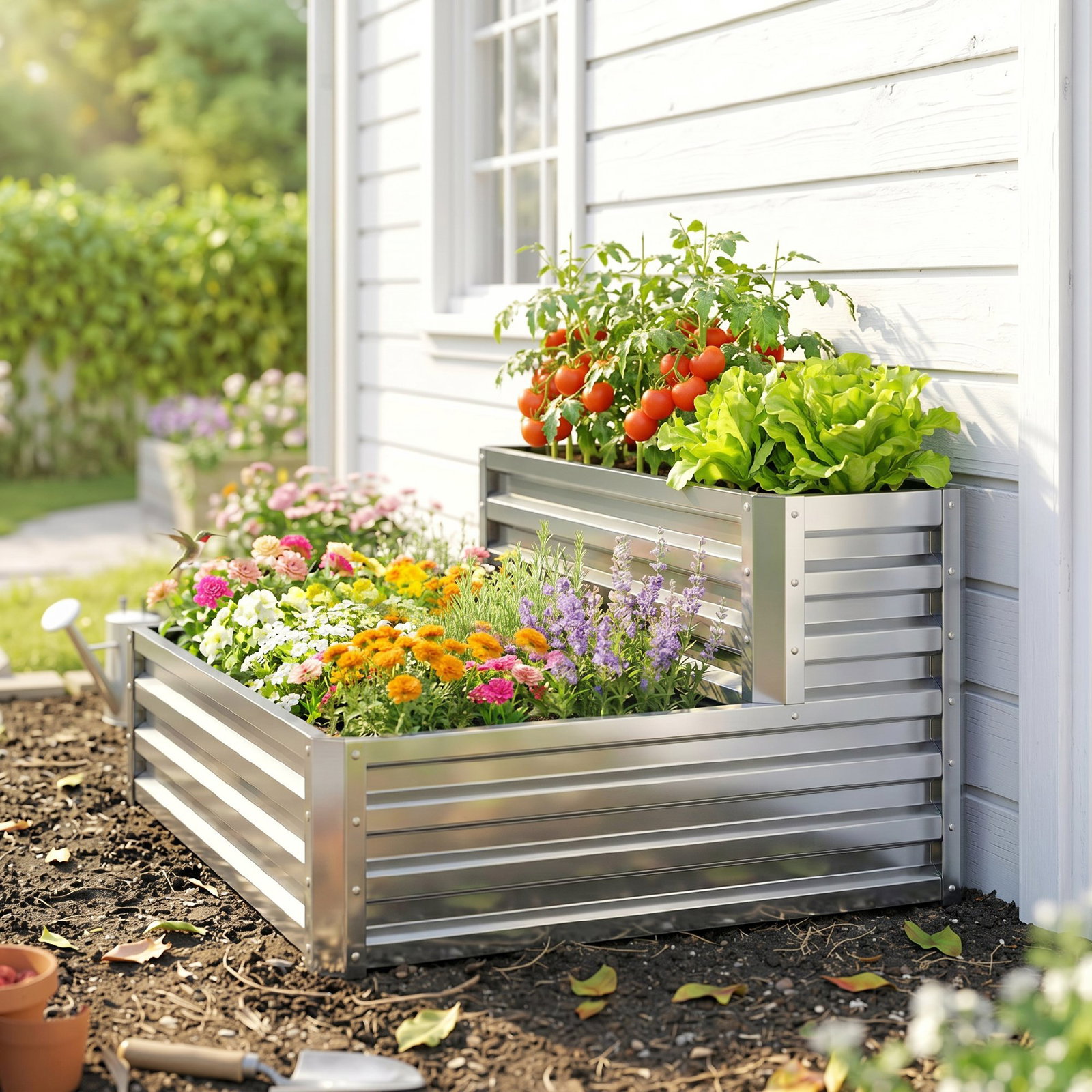 Caixa de cultivo de 2 níveis em aço galvanizado com design em escada e fundo aberto 120x101x58 cm prata