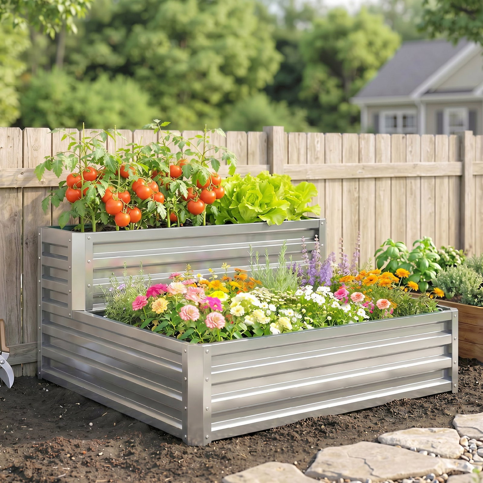 Caixa de cultivo de 2 níveis em aço galvanizado com design em escada e fundo aberto 120x101x58 cm prata