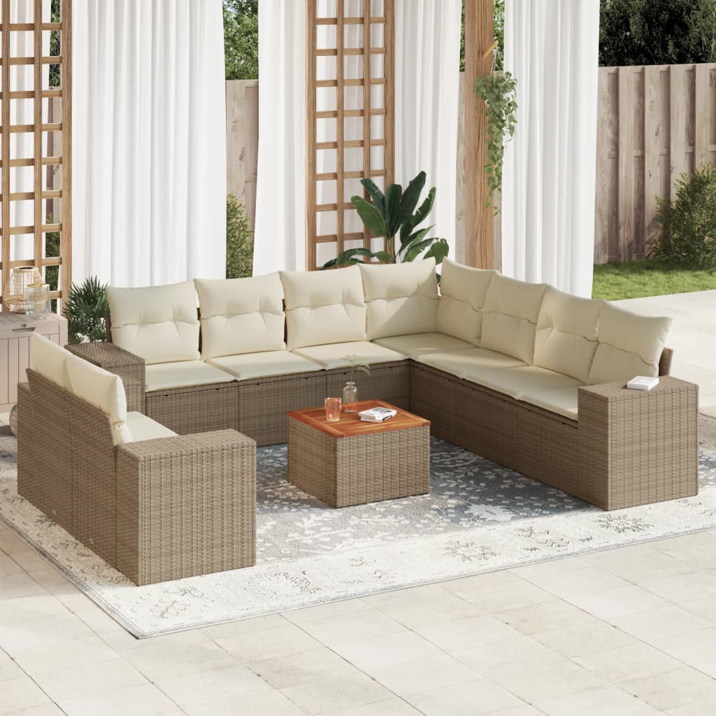 10 Pcs conjunto de sofás p/ jardim com almofadões vime PE bege