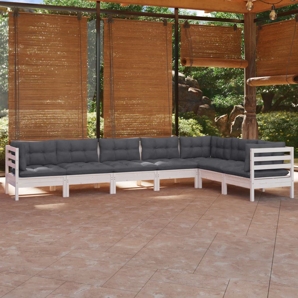 7 Pcs conj. lounge de jardim c/ almofadões pinho maciço branco