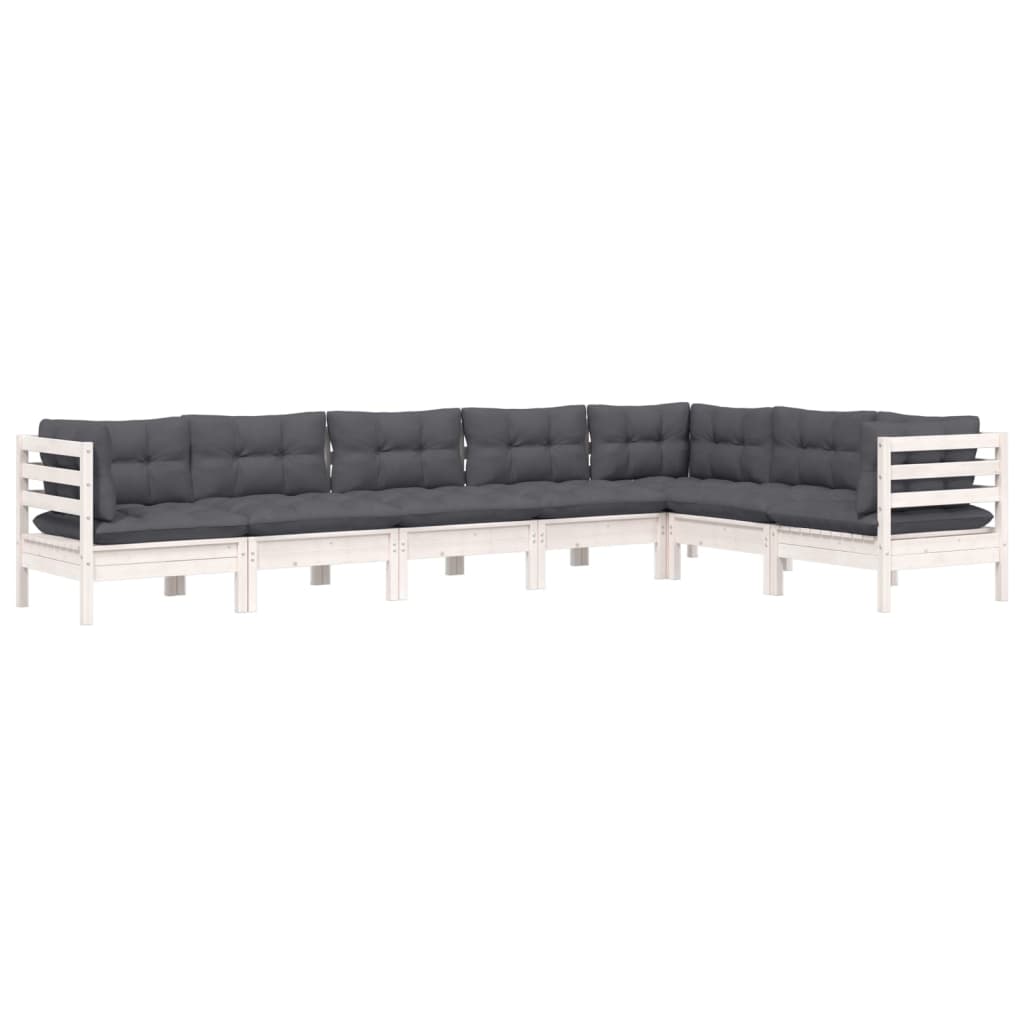 7 Pcs conj. lounge de jardim c/ almofadões pinho maciço branco