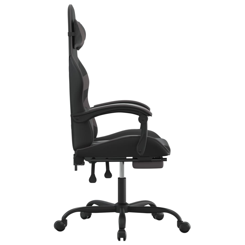 Cadeira gaming giratória c/ apoio pés couro artif. preto/cinza